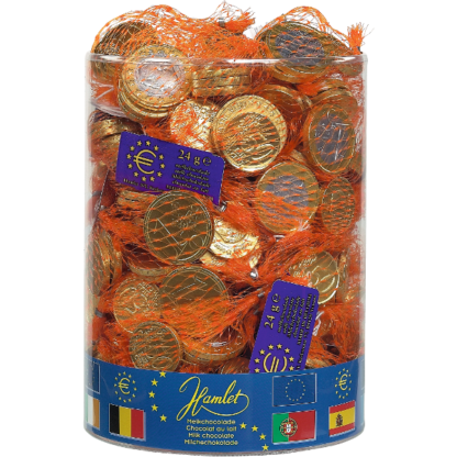 Filet de pièces en chocolat au lait de 24g, tubo de 60 filets de pièces euro
