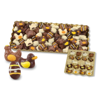 Plateau vrac de figurines décorées de Pâques 3 chocolats pralinés
