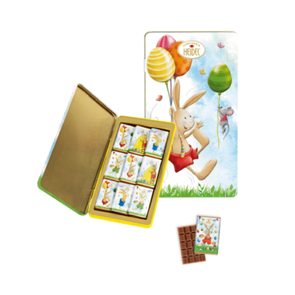 Boite métal "Joyeuses Pâques" - 9 mini tablettes chocolat lait Heidel