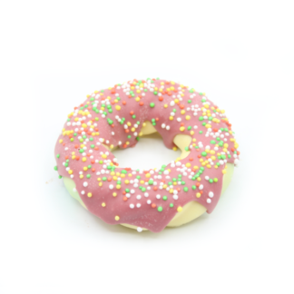 Donut de guimauve enrobée chocolat blanc/ruby billes multicolores