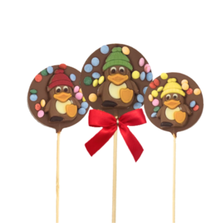 Sucette ronde chocolat lait, pingouin, sucette 50g smarties