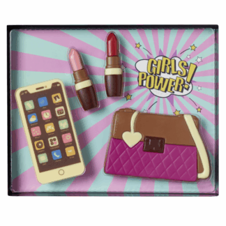 Coffret girls power chocolat insolite, sac à main-smartphone-rouge à lèvres